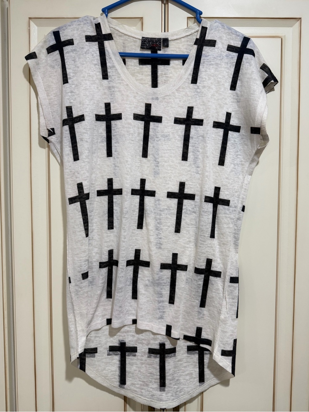 White Cross Print High Low Tunic Top Size Small